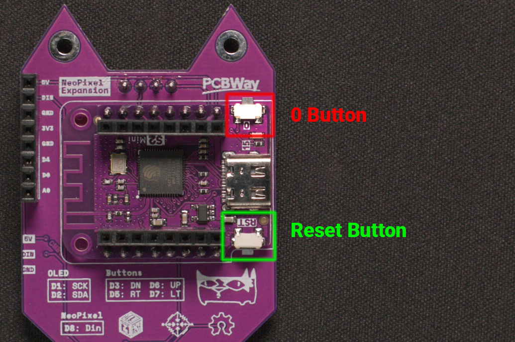 Back picture of USB Nugget outlining the "0" and "reset" button